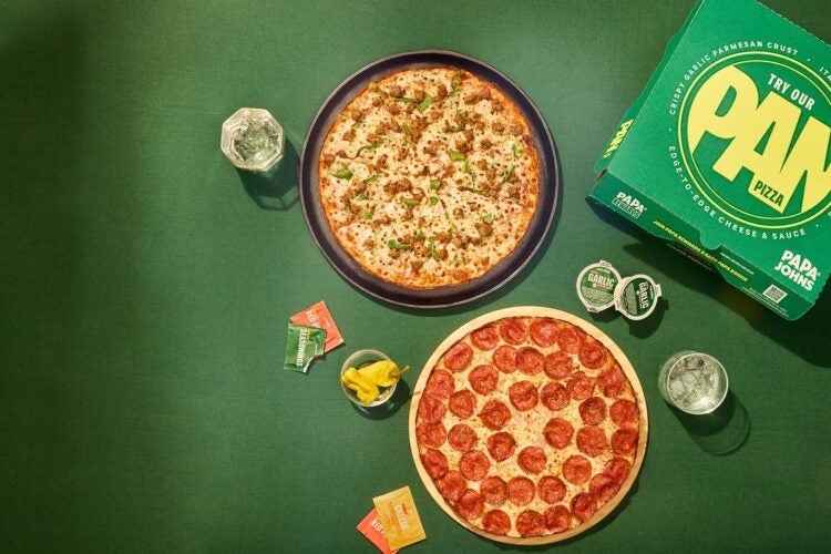Papa Johns background with pizza and pizza boxes.