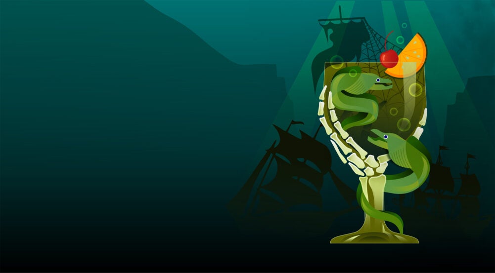 Haunted Seas After Hours header image of cocktail glass and 2 eels