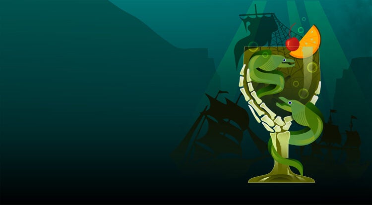Haunted Seas After Hours header image of cocktail glass and 2 eels